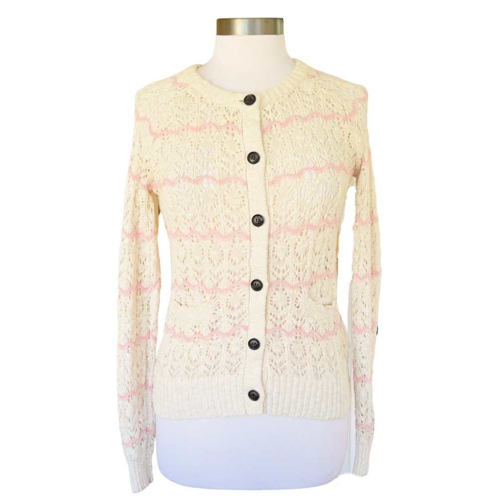 Jack Wills Knitwear Cream Open Kit Cardigan Sweater Pink Zig Zag
